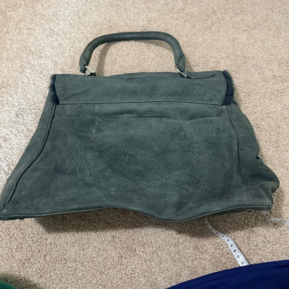 Romy Gold Gray Pebbled Leather Satchel Bag with Fur Trim